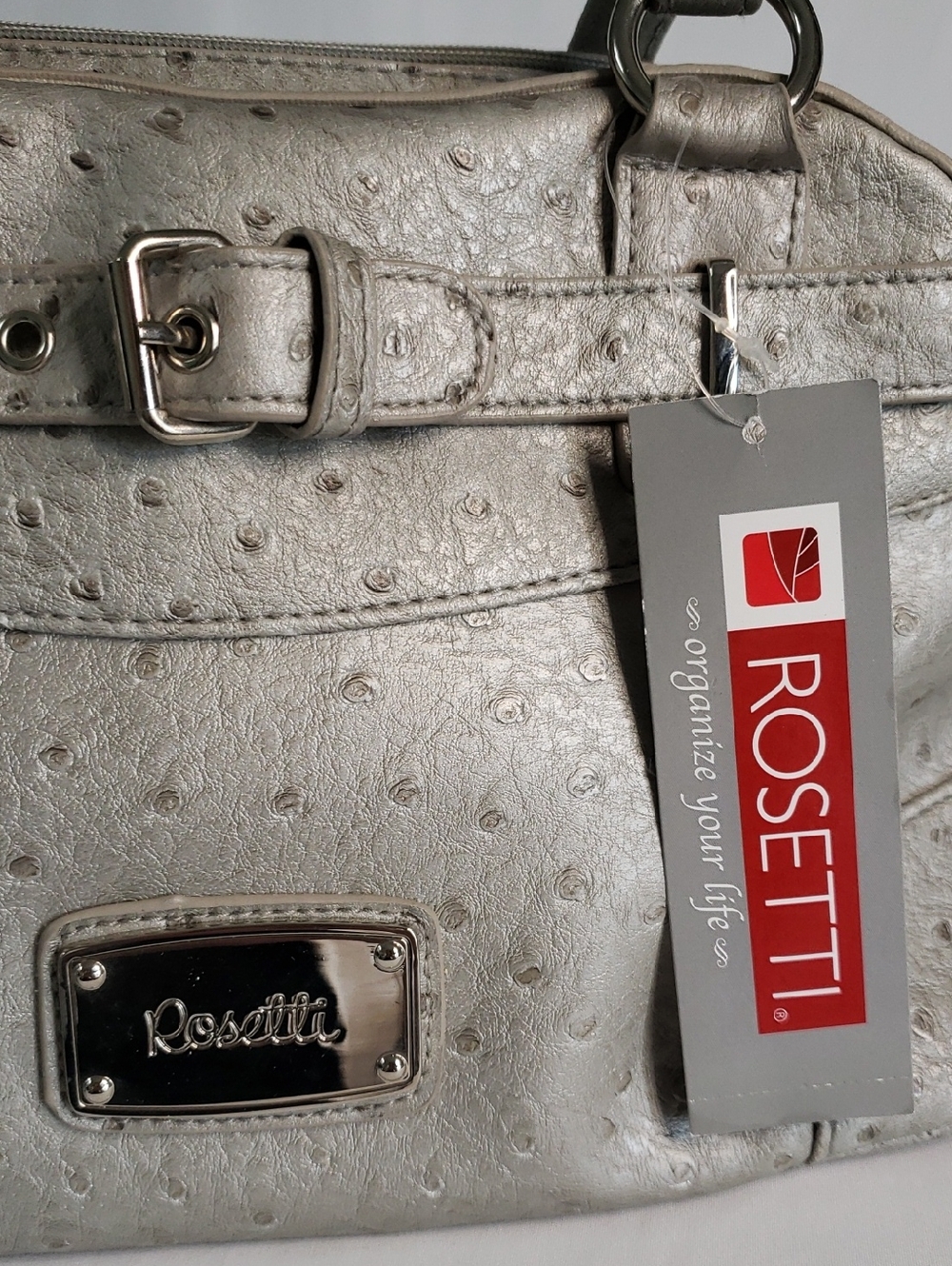 Rosetti Metallic Silver/Pale Gray Ostrich Embossed Handbag with Buckle Accent - Picture 3 of 6